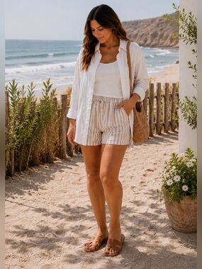 Beige & White Striped Linen Blend Drawstring Shorts ✨ Coastal Casual